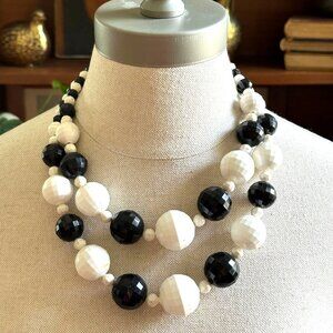 Vintage Black & White Double Strand Statement Necklace W/ Chunky Disco Ball Bead